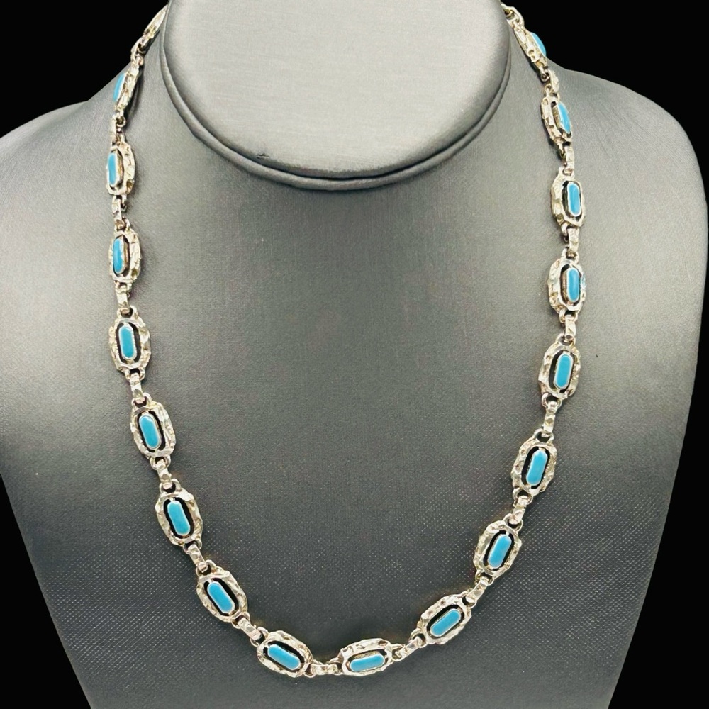 Vintage Sterling Mexico Blue Enamel Link Necklace